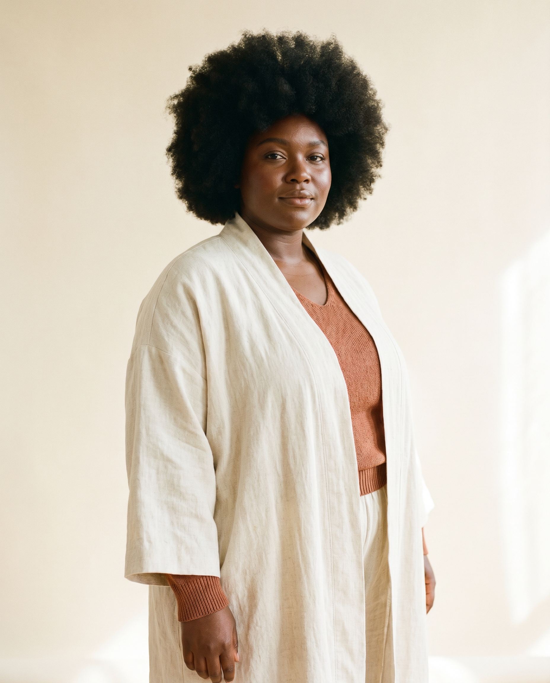 A plus-size Black woman in elegant layered cream and terracotta clothing
