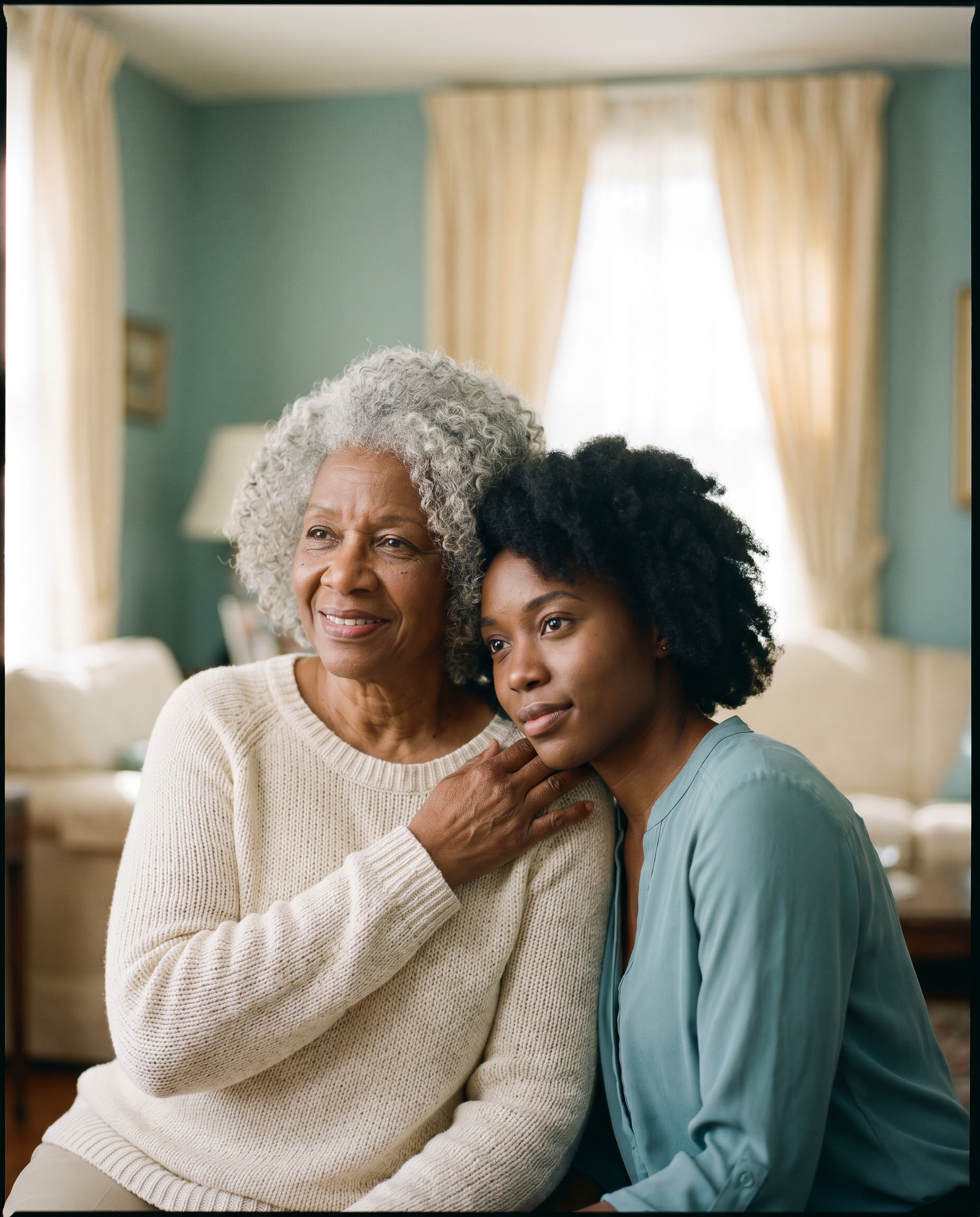 An elder Black woman and a younger woman, a gentle hand on the shoulder