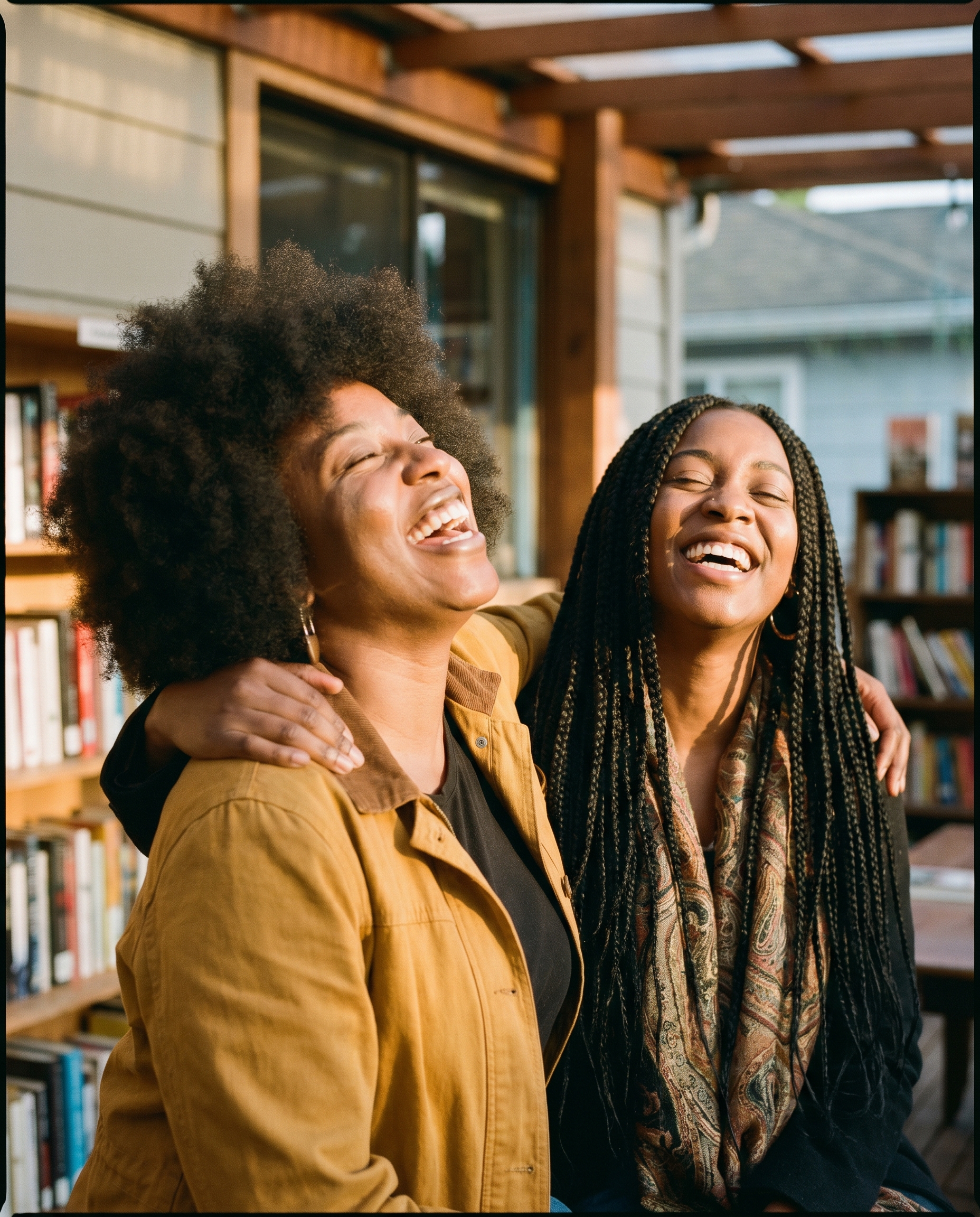 Two Black women laughing together in warm golden light