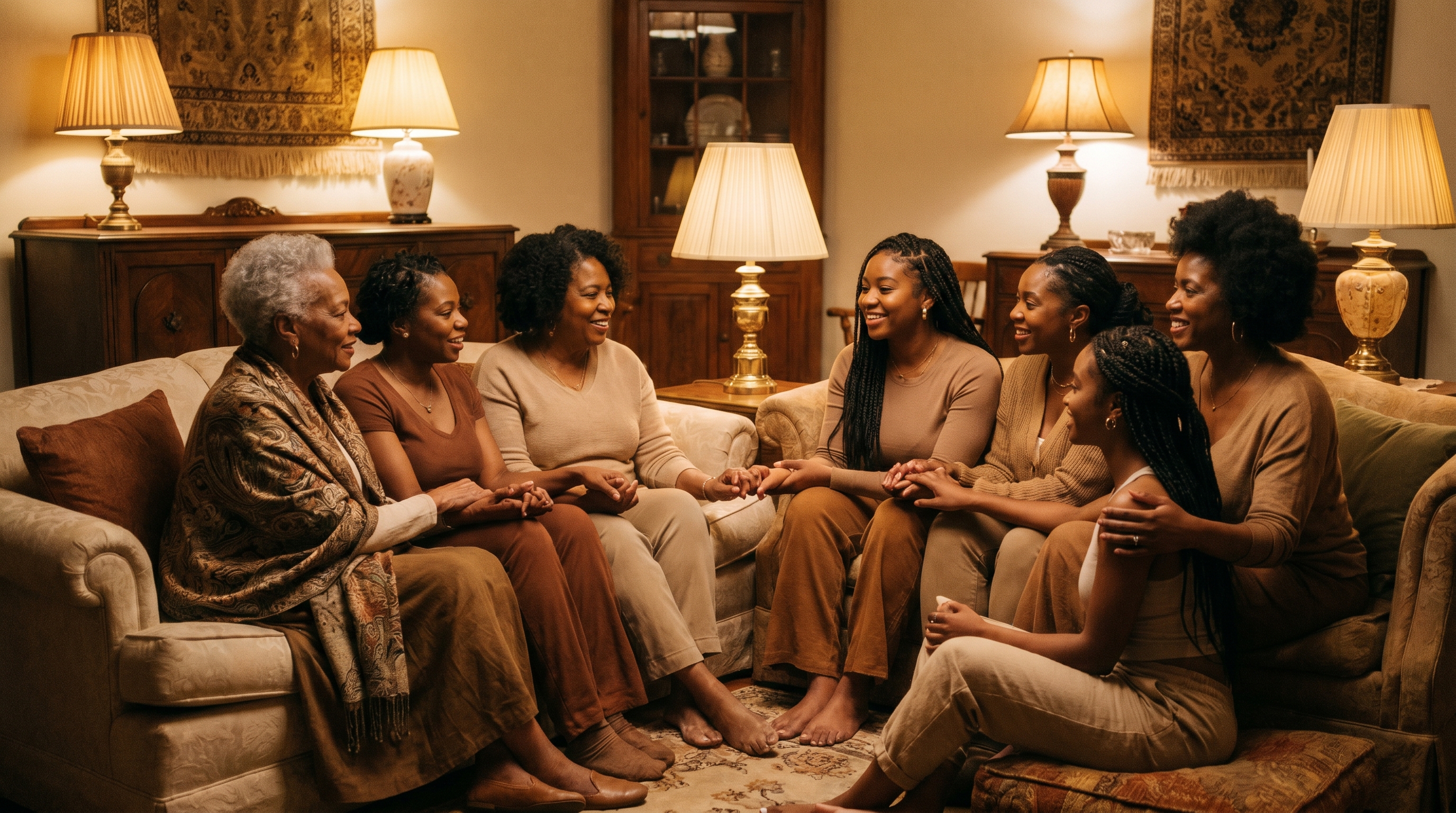 A circle of Black women of many ages, sizes, and skin tones, holding each other in warm light