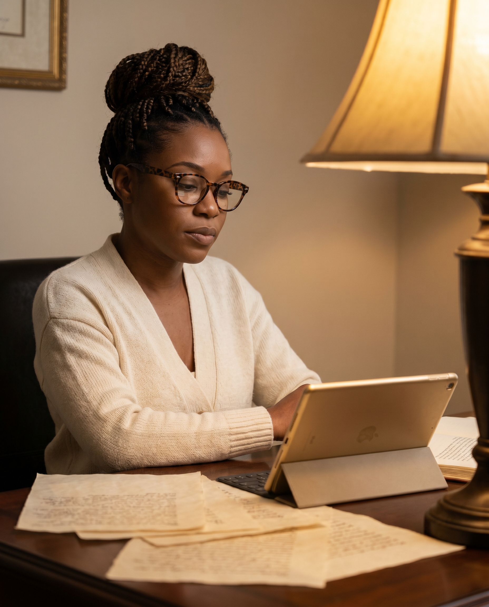 A Black woman with reading glasses studying her lab results with calm authority