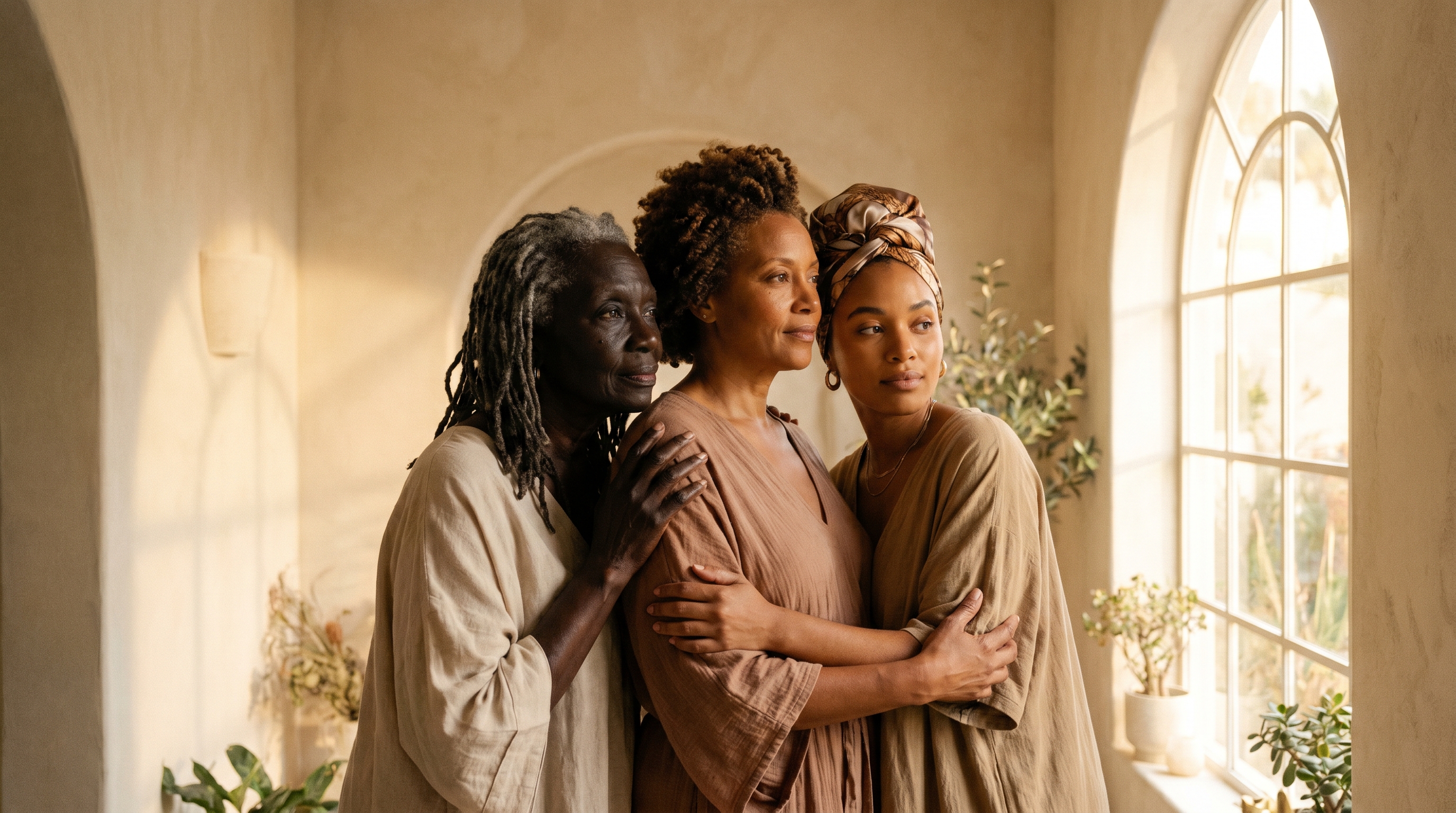 Three Black women of different ages, sizes, and skin tones, standing together in a sunlit sanctuary atrium