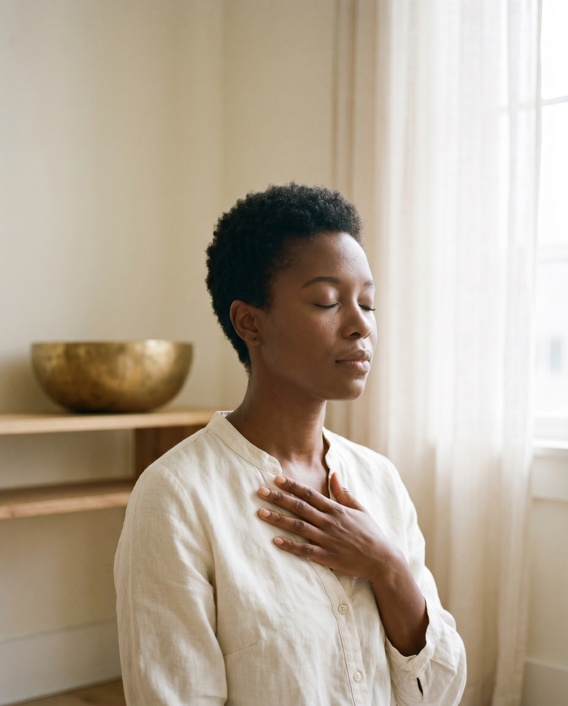 A Black woman with a short natural TWA, hand on her sternum, breathing